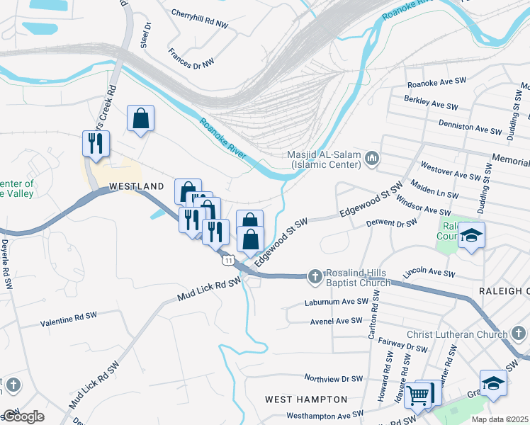 map of restaurants, bars, coffee shops, grocery stores, and more near 1816 Overland Avenue Southwest in Roanoke