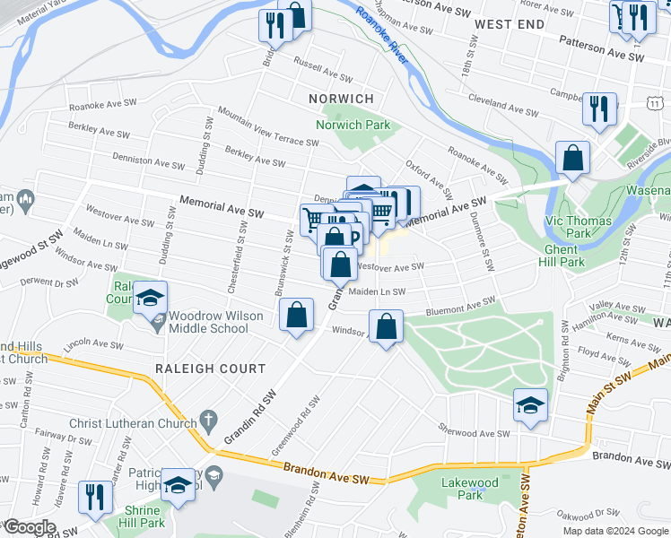 map of restaurants, bars, coffee shops, grocery stores, and more near 1405 Grandin Road Southwest in Roanoke