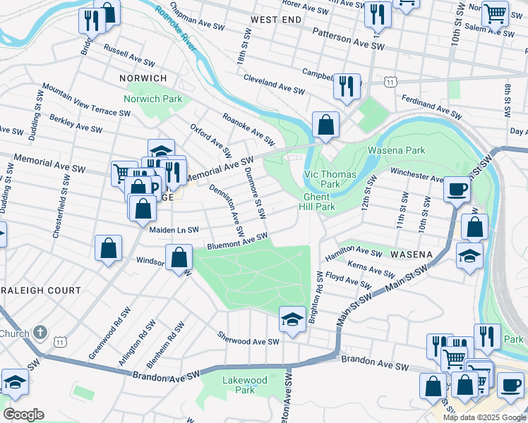 map of restaurants, bars, coffee shops, grocery stores, and more near 1553 Maiden Lane Southwest in Roanoke