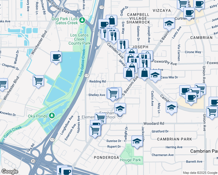map of restaurants, bars, coffee shops, grocery stores, and more near 196 Redding Road in Campbell