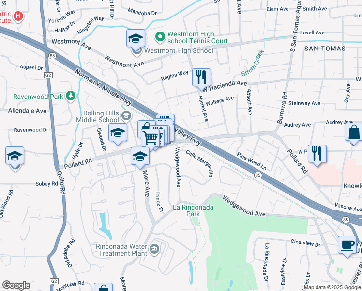 map of restaurants, bars, coffee shops, grocery stores, and more near 162 Wedgewood Avenue in Los Gatos