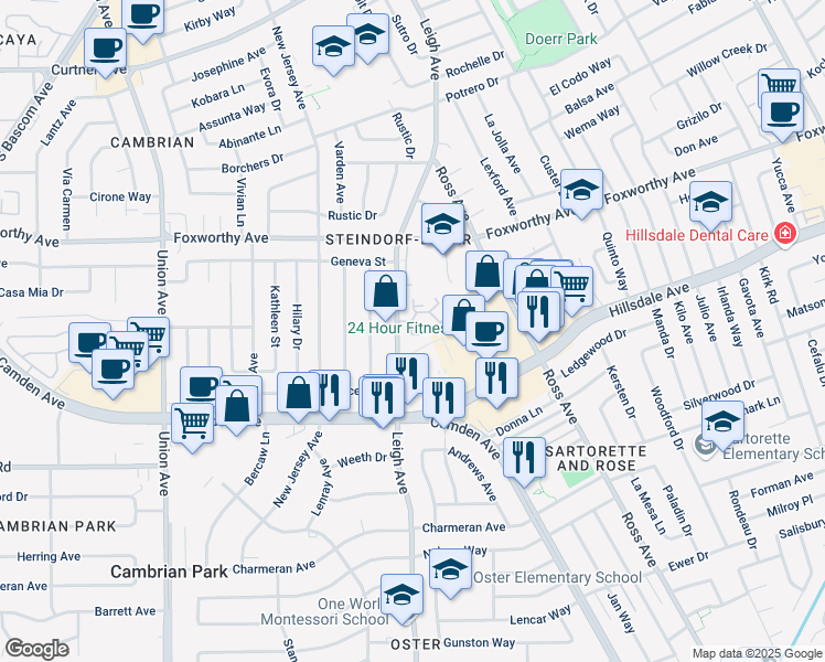 map of restaurants, bars, coffee shops, grocery stores, and more near 3272 Kimber Court in San Jose