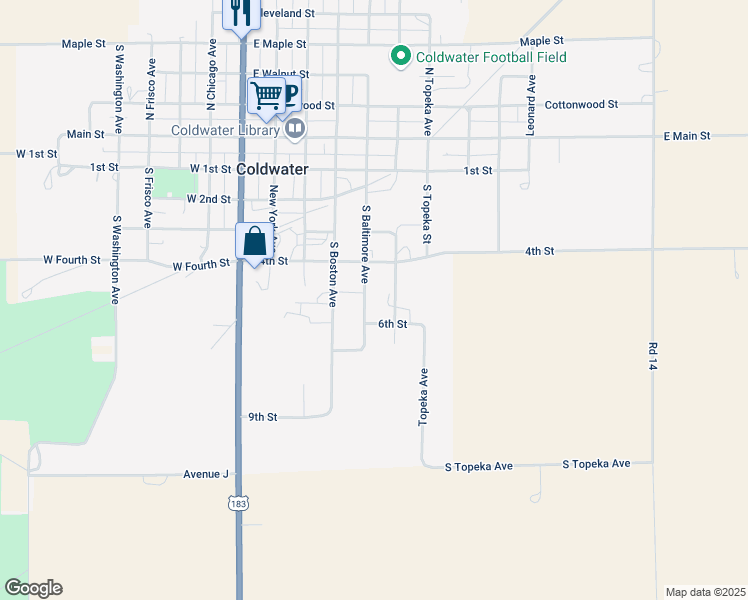 map of restaurants, bars, coffee shops, grocery stores, and more near 609-699 South Baltimore Avenue in Coldwater