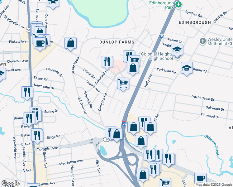 map of restaurants, bars, coffee shops, grocery stores, and more near 2613 Bent Oaks Drive in Colonial Heights