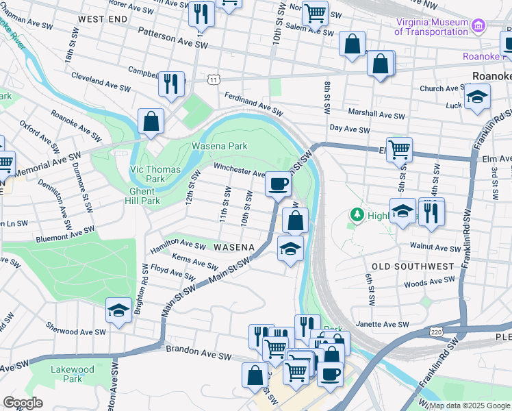 map of restaurants, bars, coffee shops, grocery stores, and more near 1001 Wasena Avenue Southwest in Roanoke