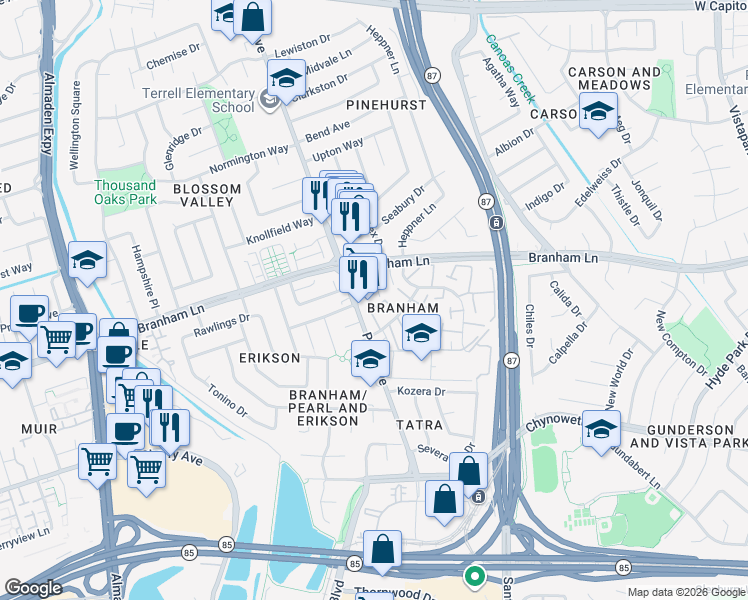 map of restaurants, bars, coffee shops, grocery stores, and more near 4601 Meadowhurst Court in San Jose