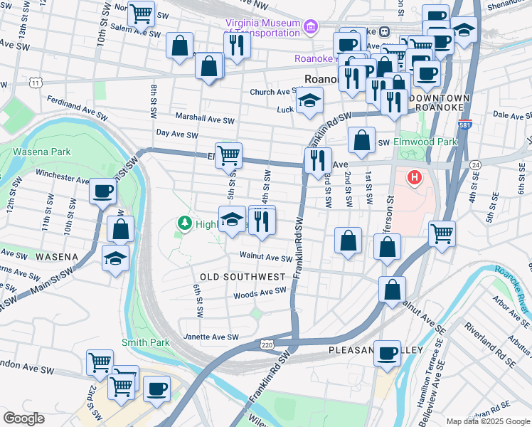 map of restaurants, bars, coffee shops, grocery stores, and more near 381 Washington Avenue Southwest in Roanoke