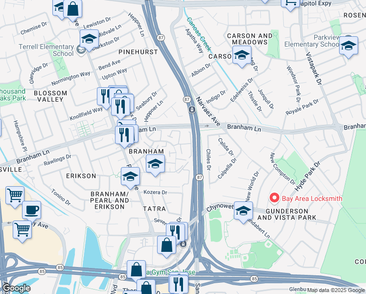 map of restaurants, bars, coffee shops, grocery stores, and more near 4622 Adobe River Court in San Jose
