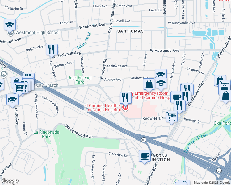 map of restaurants, bars, coffee shops, grocery stores, and more near 1209 West Parr Avenue in Campbell
