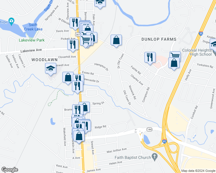 map of restaurants, bars, coffee shops, grocery stores, and more near 301 Newcastle Drive in Colonial Heights
