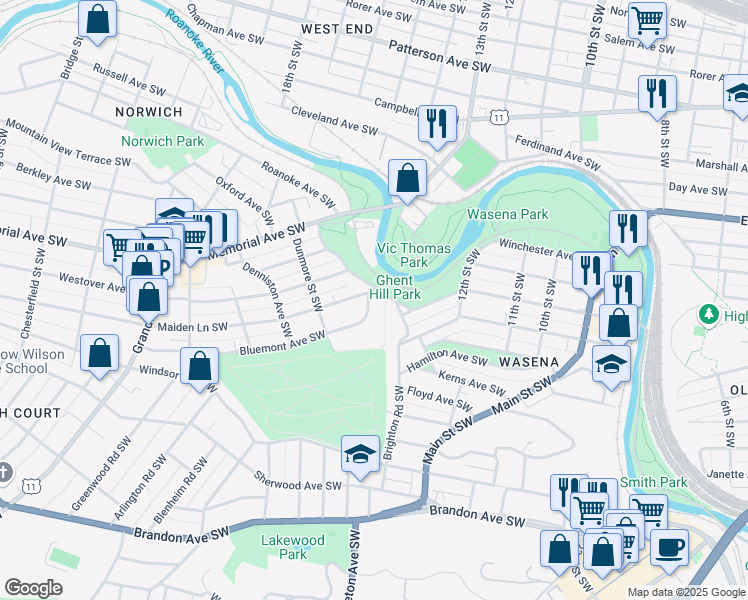 map of restaurants, bars, coffee shops, grocery stores, and more near 1412 Maiden Lane Southwest in Roanoke