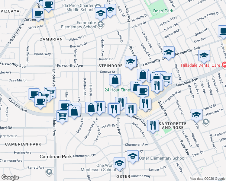 map of restaurants, bars, coffee shops, grocery stores, and more near 3290 Todd Way in San Jose
