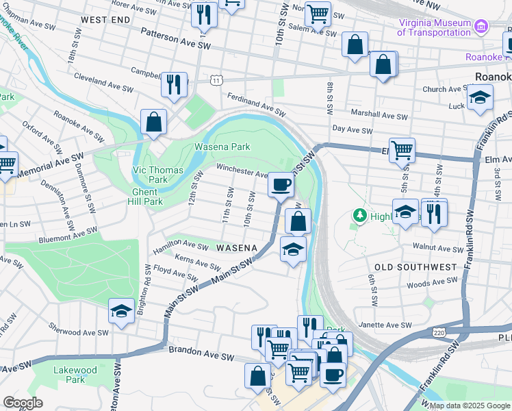 map of restaurants, bars, coffee shops, grocery stores, and more near 1001 Wasena Avenue Southwest in Roanoke
