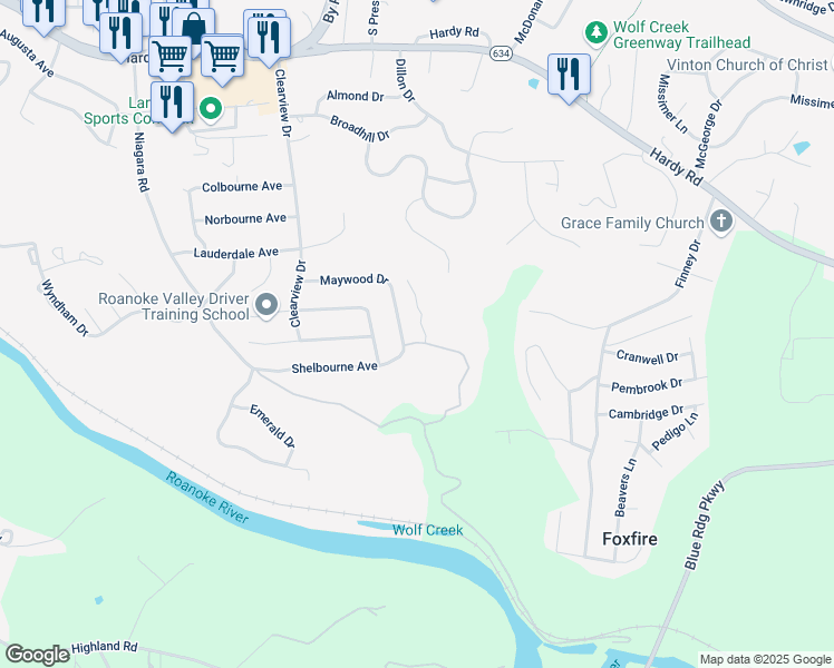 map of restaurants, bars, coffee shops, grocery stores, and more near 673 Shelbourne Avenue in Vinton