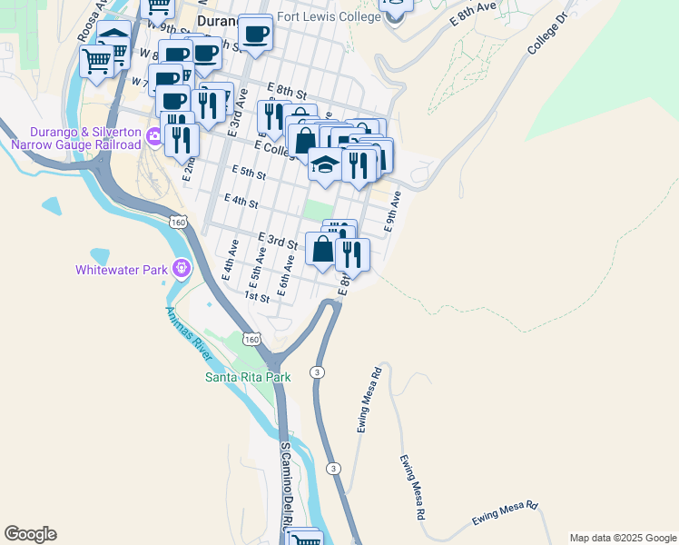 map of restaurants, bars, coffee shops, grocery stores, and more near 225 East 8th Avenue in Durango