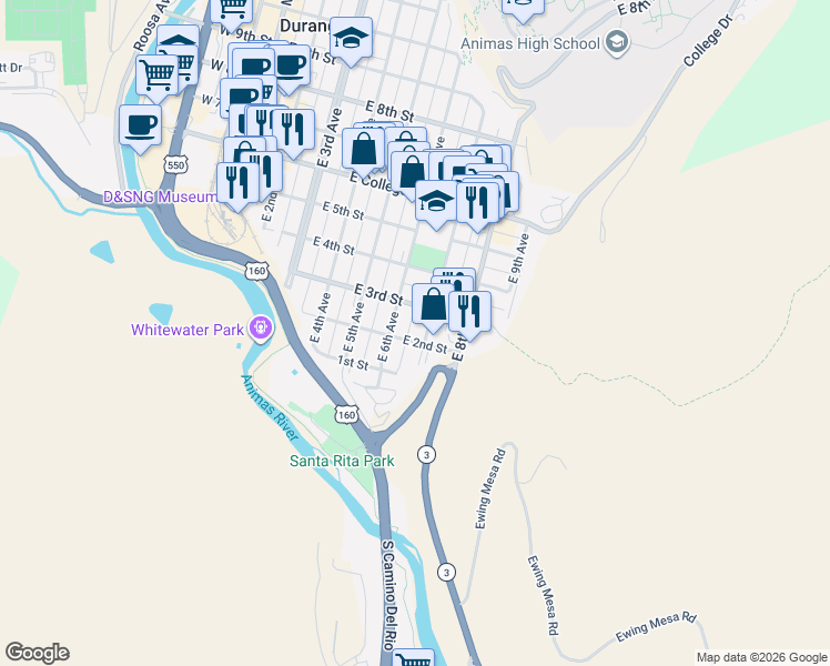 map of restaurants, bars, coffee shops, grocery stores, and more near 649 East 2nd Street in Durango
