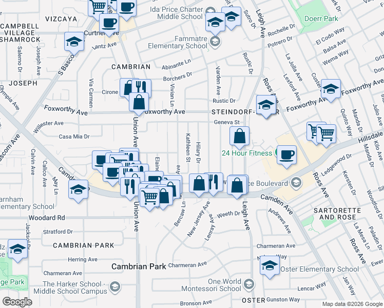 map of restaurants, bars, coffee shops, grocery stores, and more near 3315 Kathleen Street in San Jose
