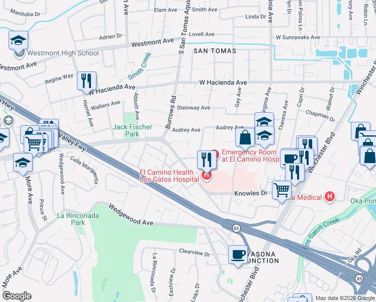 map of restaurants, bars, coffee shops, grocery stores, and more near 1209 West Parr Avenue in Campbell