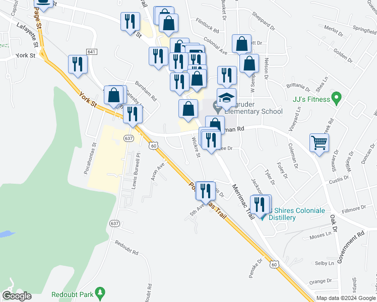 map of restaurants, bars, coffee shops, grocery stores, and more near 15 Monument Drive in Williamsburg