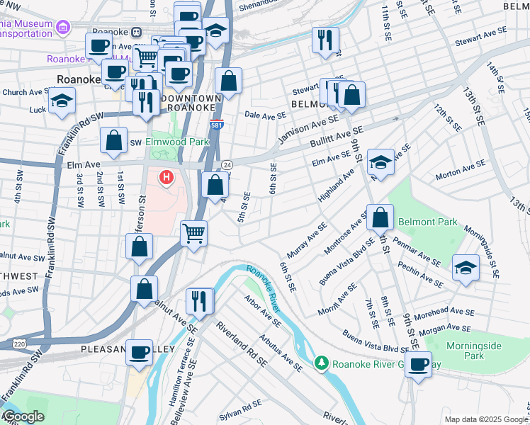map of restaurants, bars, coffee shops, grocery stores, and more near 917 6th Street Southeast in Roanoke