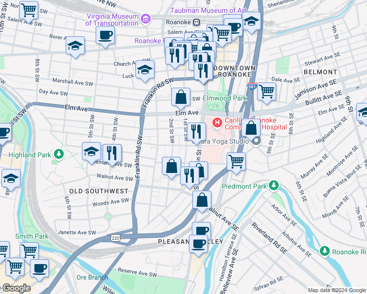 map of restaurants, bars, coffee shops, grocery stores, and more near 1001 1st Street Southwest in Roanoke
