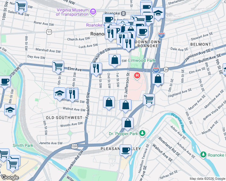 map of restaurants, bars, coffee shops, grocery stores, and more near 1001 1st Street Southwest in Roanoke