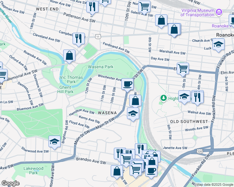 map of restaurants, bars, coffee shops, grocery stores, and more near 1001 Wasena Avenue Southwest in Roanoke