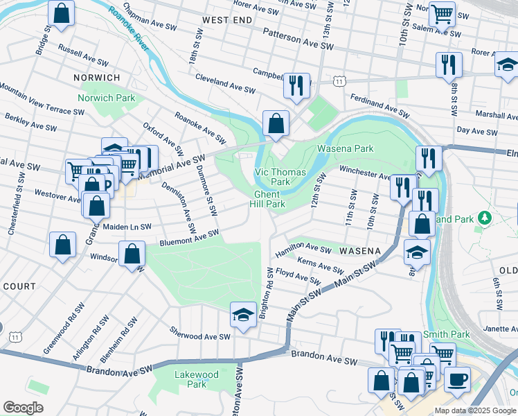map of restaurants, bars, coffee shops, grocery stores, and more near 1412 Maiden Lane Southwest in Roanoke
