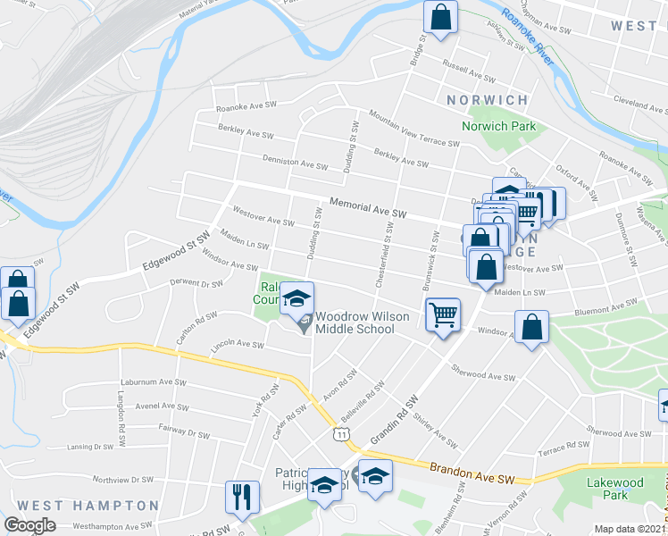 map of restaurants, bars, coffee shops, grocery stores, and more near 2240 Maiden Lane Southwest in Roanoke