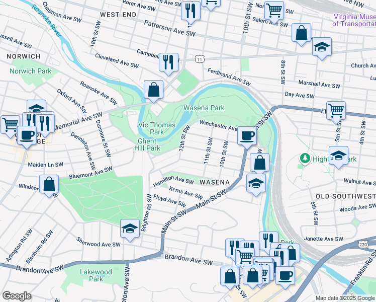 map of restaurants, bars, coffee shops, grocery stores, and more near 1138 Wasena Avenue Southwest in Roanoke