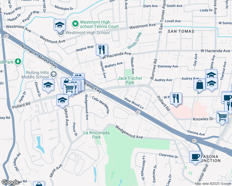 map of restaurants, bars, coffee shops, grocery stores, and more near 107 Naramore Lane in Los Gatos