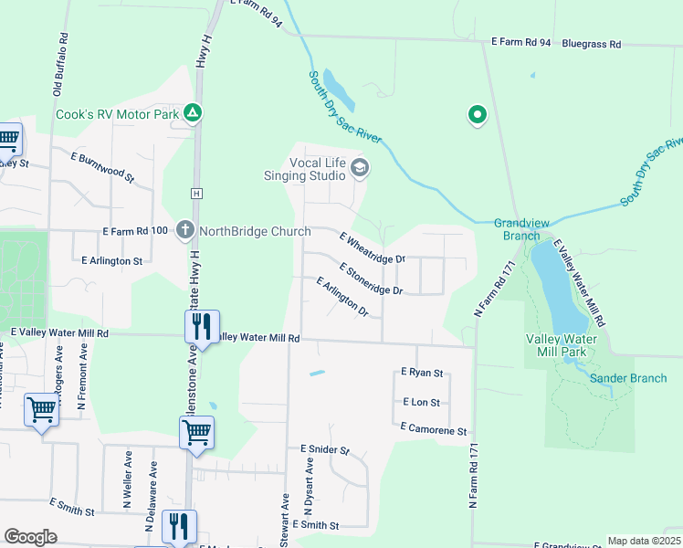 map of restaurants, bars, coffee shops, grocery stores, and more near 1910 East Stoneridge Drive in Springfield