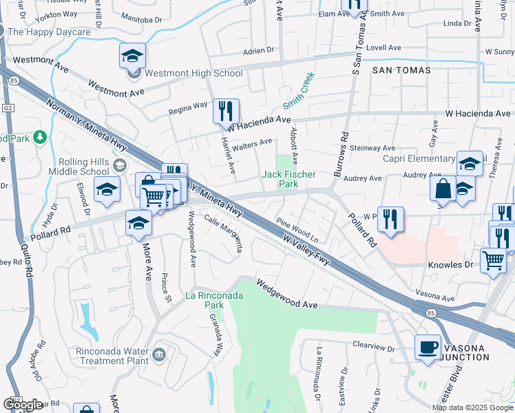 map of restaurants, bars, coffee shops, grocery stores, and more near 107 Naramore Lane in Los Gatos
