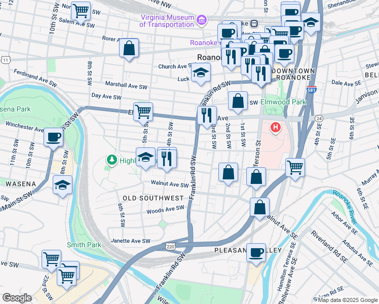 map of restaurants, bars, coffee shops, grocery stores, and more near 1001 Franklin Road Southwest in Roanoke