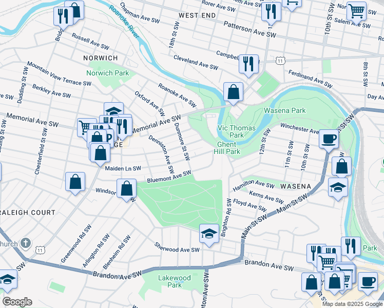 map of restaurants, bars, coffee shops, grocery stores, and more near 1545 Maiden Lane Southwest in Roanoke