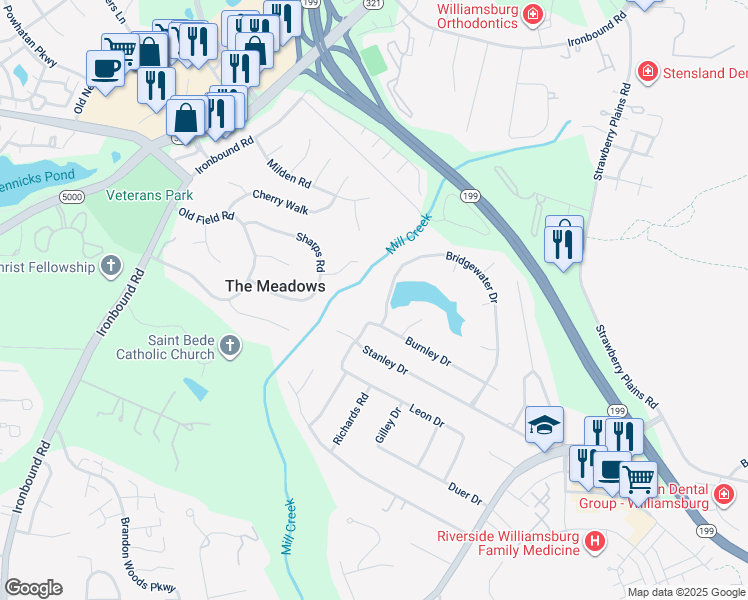 map of restaurants, bars, coffee shops, grocery stores, and more near 3605 Bridgewater Drive in Williamsburg