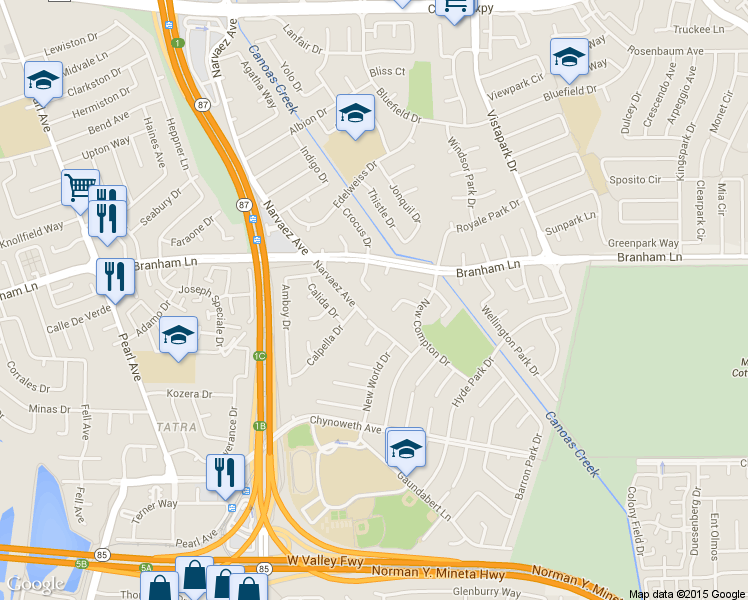 map of restaurants, bars, coffee shops, grocery stores, and more near 4623 Sidlaw Ct in San Jose