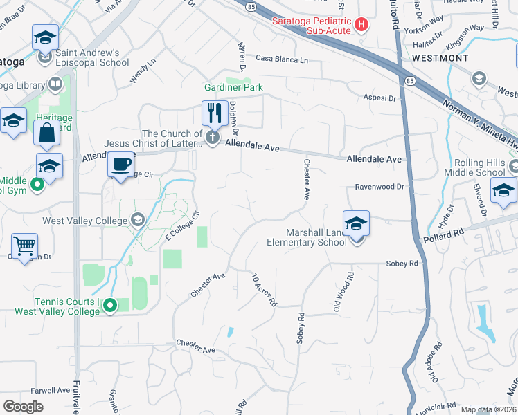 map of restaurants, bars, coffee shops, grocery stores, and more near 14046 Apricot Hill in Saratoga