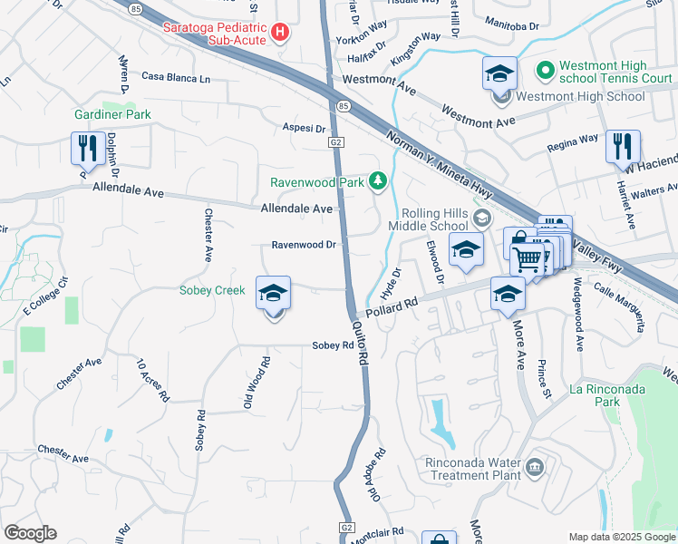 map of restaurants, bars, coffee shops, grocery stores, and more near 14045 Quito Road in Saratoga