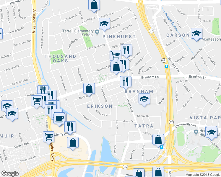 map of restaurants, bars, coffee shops, grocery stores, and more near 4670 La Crescent Loop in San Jose