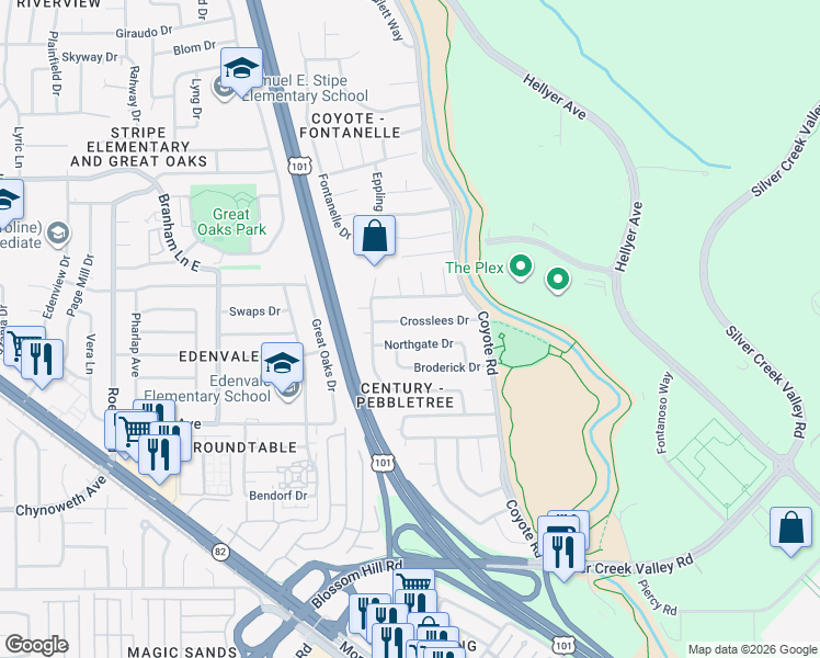 map of restaurants, bars, coffee shops, grocery stores, and more near 480 Crosslees Drive in San Jose