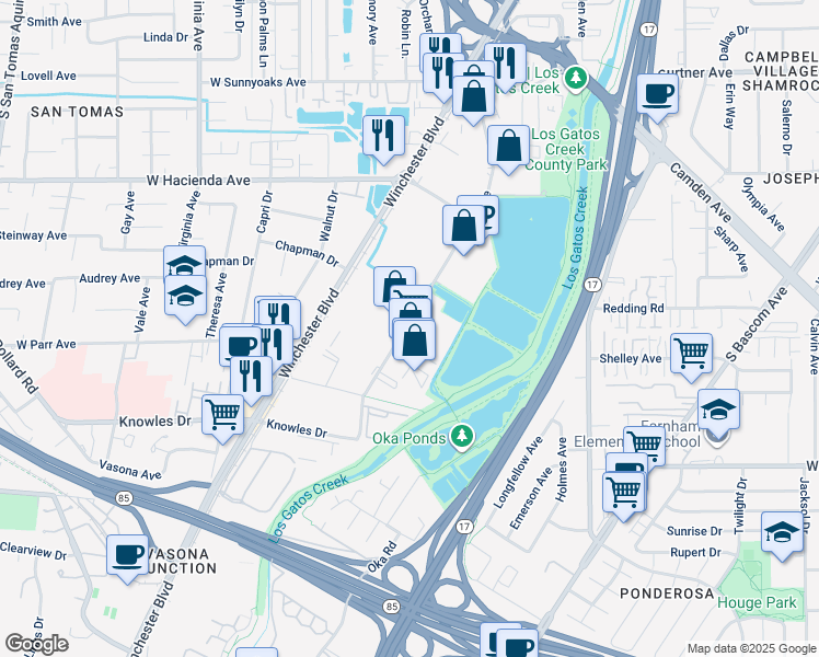 map of restaurants, bars, coffee shops, grocery stores, and more near 1510 Dell Ave in Campbell