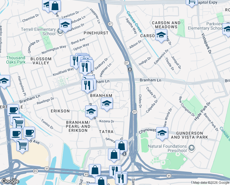 map of restaurants, bars, coffee shops, grocery stores, and more near 4620 Noyo River Court in San Jose