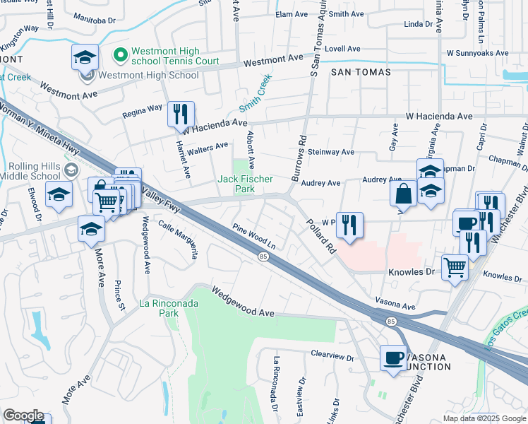 map of restaurants, bars, coffee shops, grocery stores, and more near 101 Peach Willow Court in Los Gatos