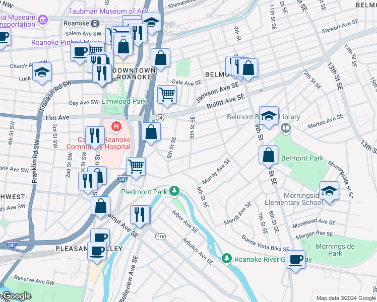 map of restaurants, bars, coffee shops, grocery stores, and more near 917 6th Street Southeast in Roanoke