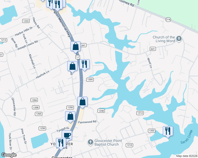map of restaurants, bars, coffee shops, grocery stores, and more near 7748 Jordan Road in Gloucester Point