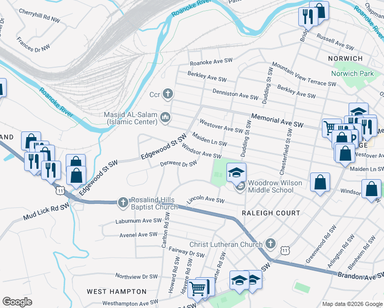 map of restaurants, bars, coffee shops, grocery stores, and more near 2514 Windsor Avenue Southwest in Roanoke