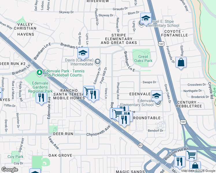 map of restaurants, bars, coffee shops, grocery stores, and more near 5138 Vera Lane in San Jose