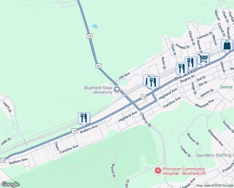 map of restaurants, bars, coffee shops, grocery stores, and more near 219 Rock Street in Bluefield