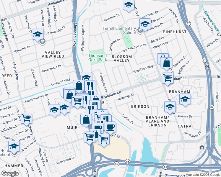 map of restaurants, bars, coffee shops, grocery stores, and more near 4539 Lynfield Lane in San Jose